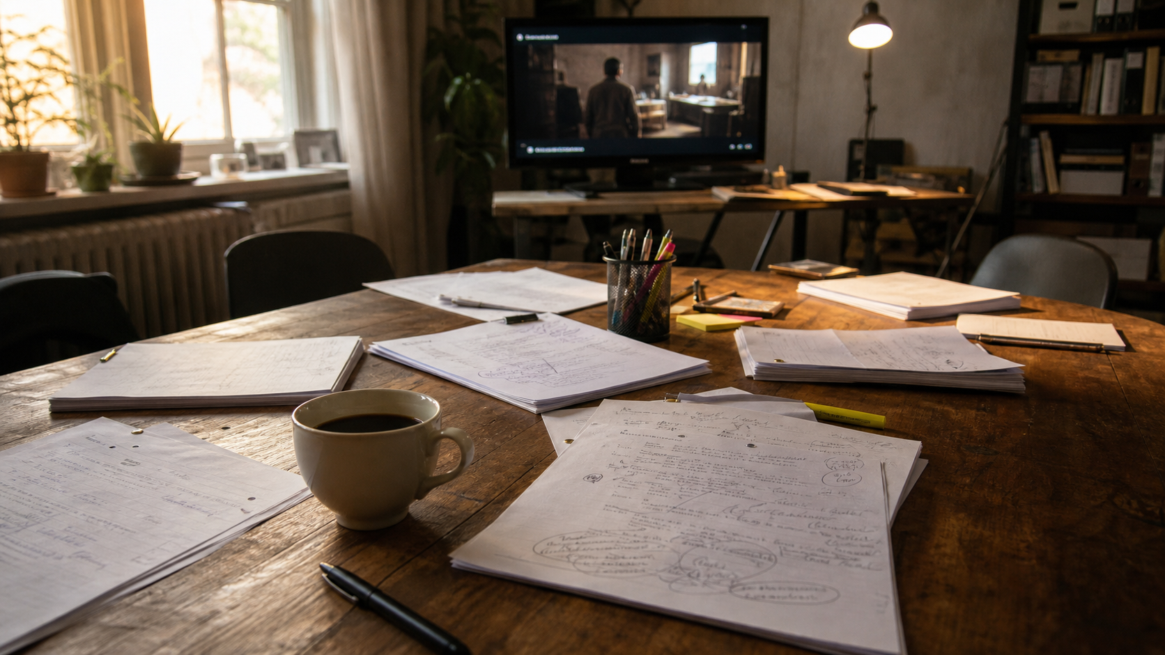 Table de relecture de scénario avec pages annotées et café, salle d'écriture du studio