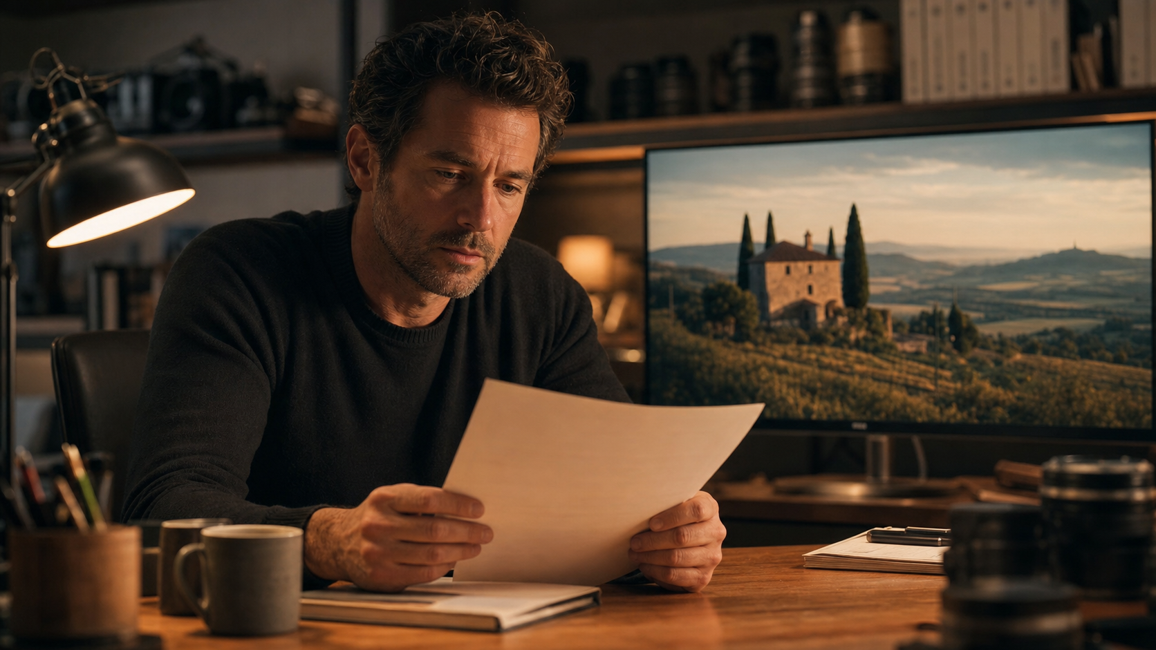 Réalisateur relisant une page de synopsis avant le tournage, dans son studio à Tarbes